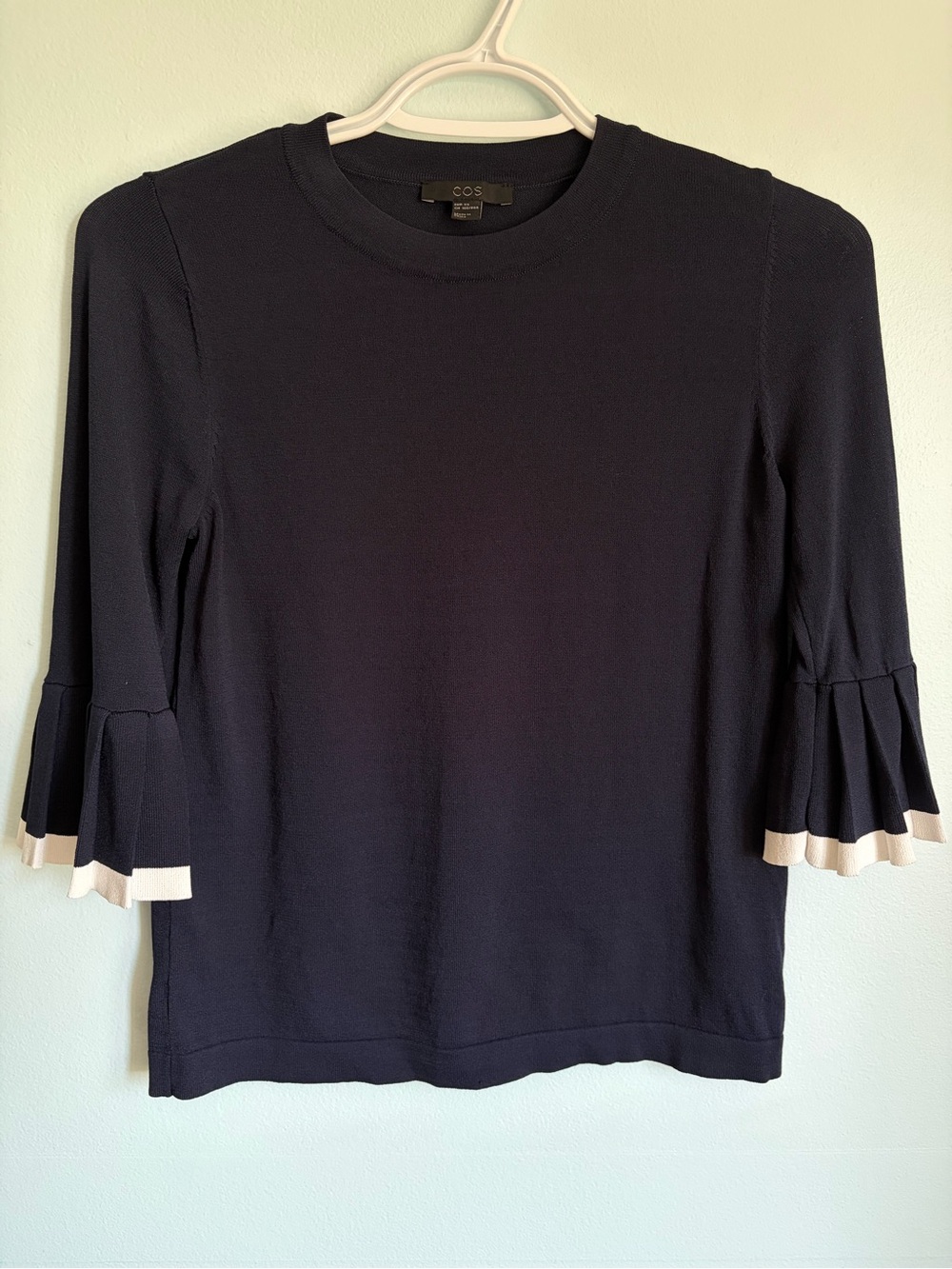 COS Women’s Top - Navy & White with Frill Sleeves - Size XS